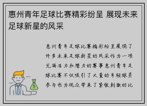 惠州青年足球比赛精彩纷呈 展现未来足球新星的风采