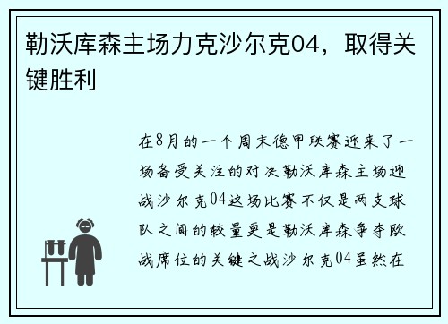 勒沃库森主场力克沙尔克04，取得关键胜利