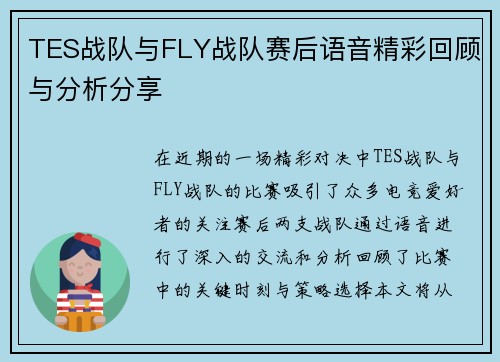 TES战队与FLY战队赛后语音精彩回顾与分析分享