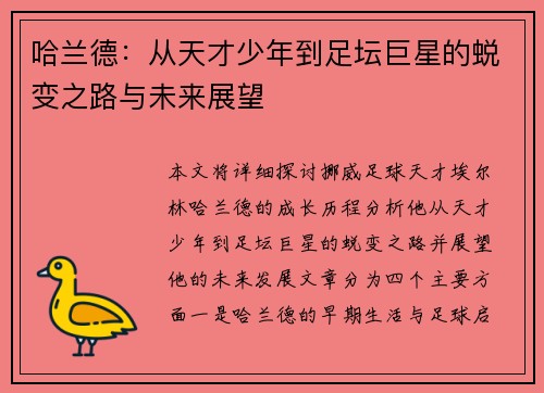 哈兰德：从天才少年到足坛巨星的蜕变之路与未来展望