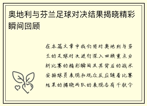 奥地利与芬兰足球对决结果揭晓精彩瞬间回顾